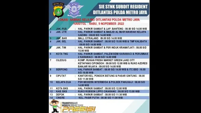 Samsat Keliling beroperasi di 14 lokasi hari ini, Rabu (9 November 2022)