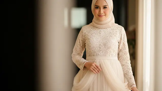 Model Gamis Midi Kombinasi Brokat untuk Wisuda
