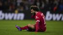 Reaksi penyerang Liverpool Mohamed Salah saat bertandang ke markas Toulouse pada pekan ke-4 Grup E Liga Europa 2023/2024 di Stadium de Toulouse, Jumat (10/11/2023) WIB. (AP Photo/Thibault Camus)
