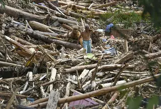 Seorang warga desa terdampak banjir bandang berjalan di antara tumpukan kayu di Desa Tukka, Tapanuli Tengah, Sumatera Utara, pada 2 Desember 2025. Banjir bandang dan tanah longsor yang melanda Kabupaten Tapanuli Tengah sejak 25 November 2025 telah menelan korban. Ada dua desa yang paling parah terdampak, yakni Desa Tukka dan Desa Tanah Bolon. (YT HARIONO/AFP)