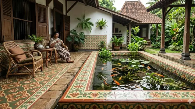 Model Teras Depan Jadul dengan Kolam Ikan