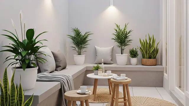 Model Teras Rumah Kecil dengan Bangku Semen dan Tanaman Pot
