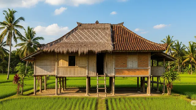 Model Rumah Sederhana dari Bambu dan Batako Dengan Kombinasi Atap Jerami dan Genteng/Ilustrasi AI