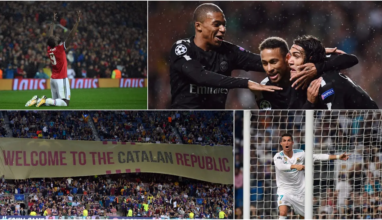 Berikut ini tujuh momen menarik yang terjadi pada Liga Champions 2017/2018 matchday pertama. Mulai dari gol perdana Romelu Lukaku hingga spanduk Republik Katalonia pada laga Barcelona. (Kolase foto-foto dari AFP)