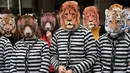 Sejumlah pemrotes mengenakan pakaian penjara dan topeng binatang yang dirantai saat melakukan aksi di Strasbourg, Prancis (12/4). (AFP/Frederick Florin)