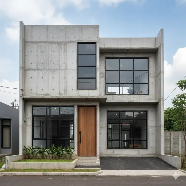 Model Rumah 2 Lantai Hemat Biaya dengan Atap Datar. Gemini