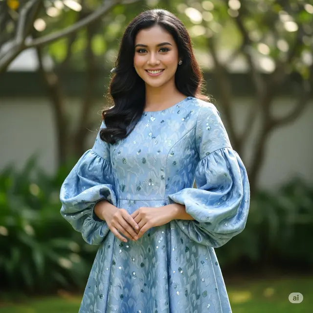 Dress Sky Blue Brokat A-Line dengan Lengan Balon dan Payet Minimalis