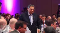 Presiden RI ke-6, Susilo Bambang Yudhoyono saat menghadiri konferensi internasional 'In The Zone' di Jakarta, Sabtu (14/5). Konferensi bertema 'Feeding The Zone' itu membahas permasalahan dan tantangan sektor agrikultur. (Liputan6.com/Angga Yuniar)