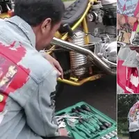 Banyak netizen yang bertanya tentang harga dan toko yang menjual jaket jeans gambar peta Indonesia yang dikenakan saat touring ke Sukabumi. (Foto: Twitter/@aryaprasetyo85)