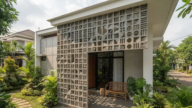 Model Teras Rumah dengan Roster Vertikal untuk Privasi Maksimal