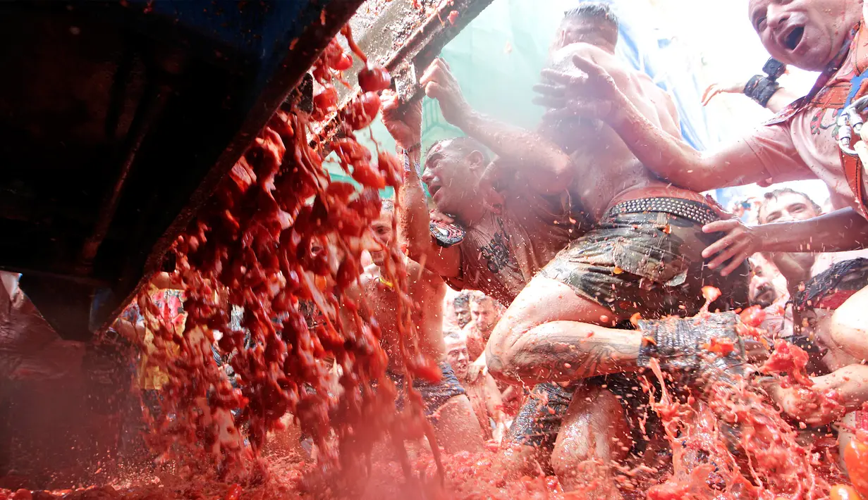Sebuah truk berisi tomat menumpahkan seluruh isinya diantara peserta La Tomatina di desa Bunol, Spanyol, Rabu (30/8). Sebanyak 160 ton tomat disajikan untuk pertempuran yang terjadi selama satu jam ini. (Alberto Saiz/AP)