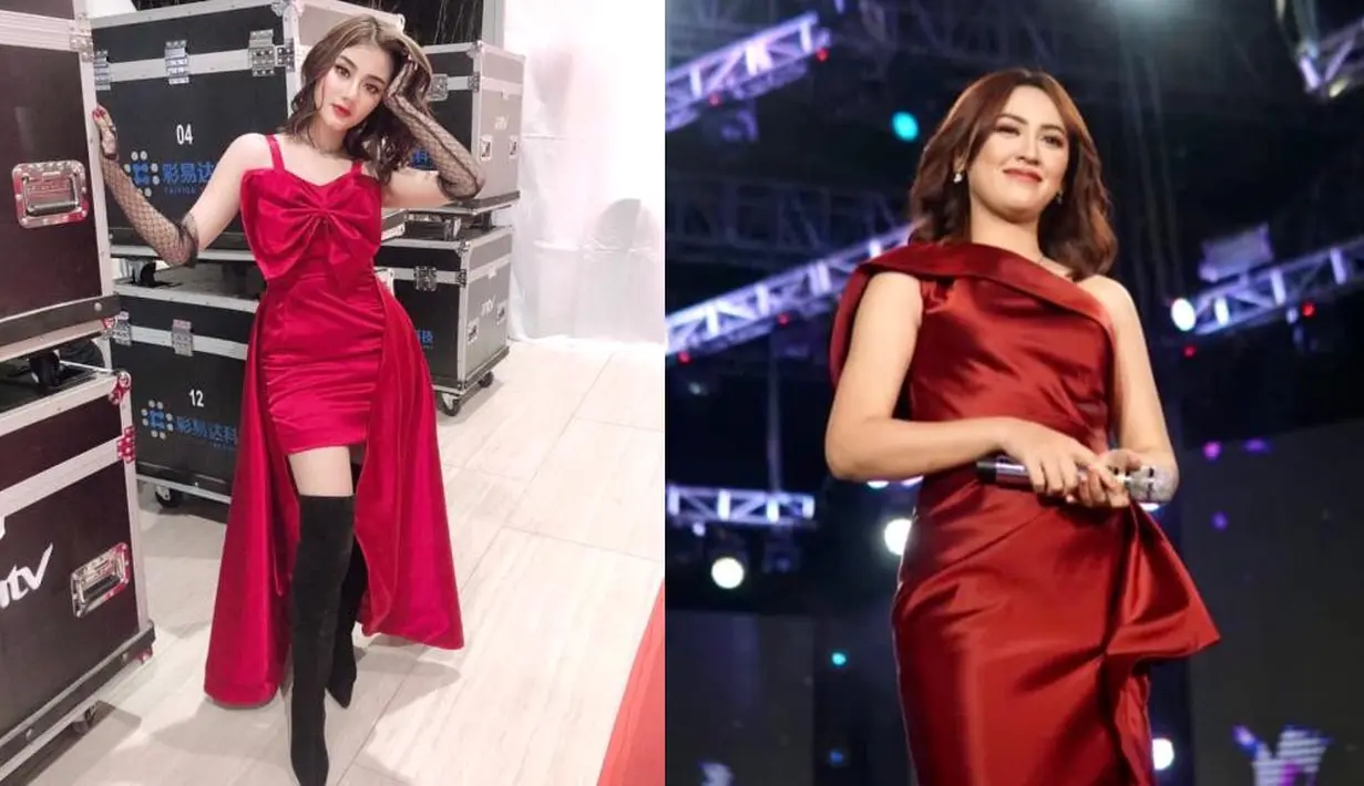 Sementara Ghea Youbi tampil dalam balutan spaghetti strap dress merah, Happy Asmara memilih one shoulder dress merah.