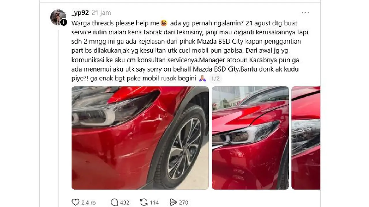 Apes Banget, Niat Servis Mobil Mazda Malah Kena Tabrak di Bengkel (ist)