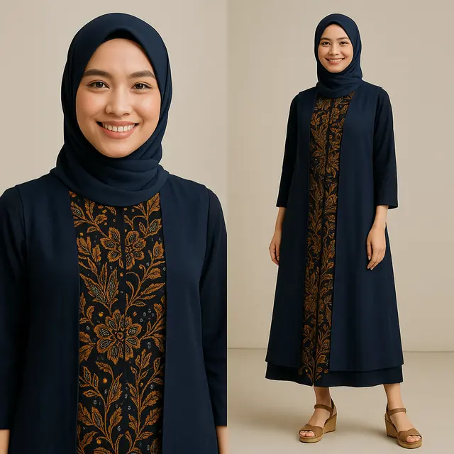 Dress Batik Kombinasi Kain Polos Warna Biru dan Hitam Modern/Ilustrasi AI