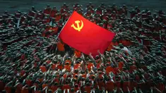 Penampil berpakaian seperti petugas penyelamat berkumpul di sekitar bendera Partai Komunis selama pertunjukan gala menjelang peringatan 100 tahun berdirinya Partai Komunis China di Beijing, China, 28 Juni 2021. Partai Komunis China akan merayakan HUT ke-100 pada 1 Juli 2021. (AP Photo/Ng Han Guan)