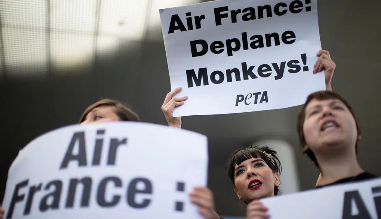 Beragam tulisan yang berisi protes kepada maskapai Air France juga ditunjukan para aktivis PETA saat berunjuk rasa di Bandara Los Angeles, California (28/4/2014). (REUTERS/Mario Anzuoni)
