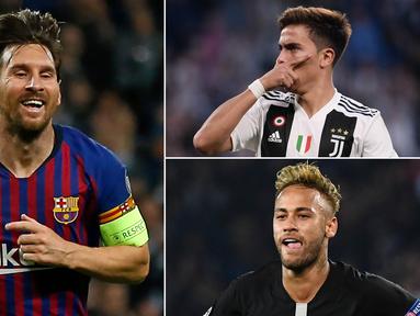 Bintang Barcelona, Lionel Messi, masih menjadi pimpinan sementara pencetak gol terbanyak Liga Champions dengan torehan lima gol. Berikut daftar top scorer Liga Champions hingga matchday kedua. (Kolase foto-foto AFP)