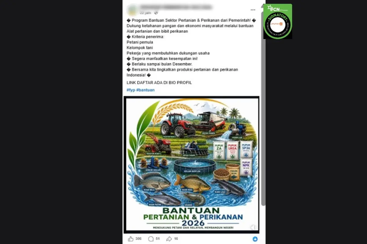 Hoaks pendaftaran untuk mendapatkan bantuan bibit perikanan 2026 dari pemerintah marak beredar di media sosial.