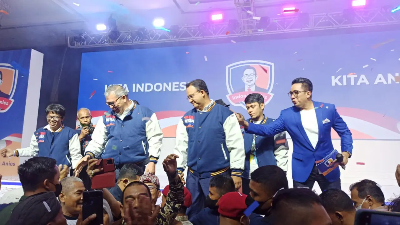 Bakal calon presiden (Capres) Partai NasDem Anies Baswedan menghadiri deklarasi acara Deklarasi Relawan IndonesiAnies yang bertajuk 'Merawat Semangat Kebangsaan, Meretas Jalan Keadilan' di Jakarta Covention Center, Jakarta Pusa