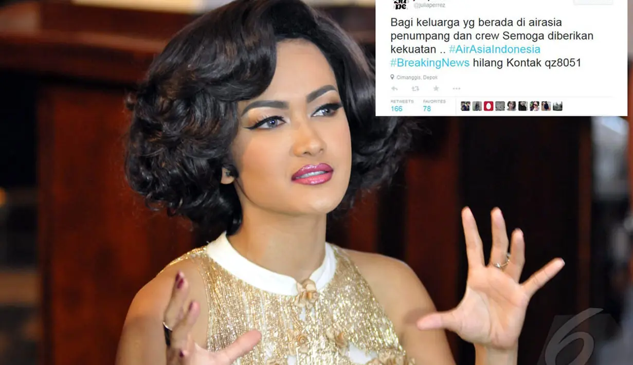 Artis Julia Perez mengungkapkan rasa dukanya dengan menulis, "Bagi keluarga yg berada di airasia penumpang dan crew Semoga diberikan kekuatan .. #AirAsiaIndonesia #BreakingNews hilang Kontak qz8051". (Liputan6.com/Panji Diksana)