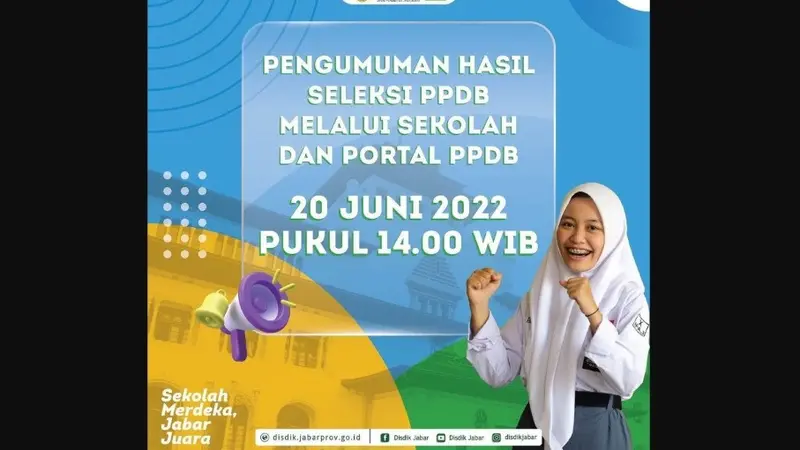 Pengumuman hasil seleksi Penerimaan Peserta Didik Baru Jawa Barat atau PPDB Jabar 2022 tahap 1 jenjang SMA, SMK, dan SLB diumumkan pukul 14.00 WIB siang ini, Senin (20/6/2022).