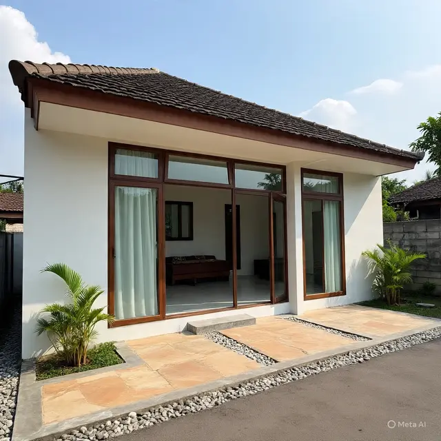 Rumah 1 Lantai Gaya Tropis Terjangkau di Lahan Terbatas. Meta AI
