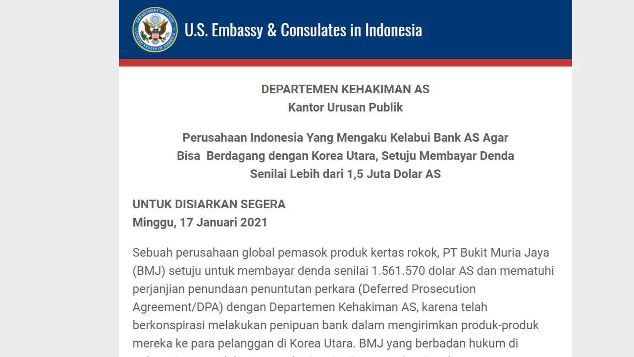 Perusahaan pemasok produk kertas rokok, PT Bukit Muria Jaya (BMJ) setuju untuk bayar denda senilai US$ 1,5 juta dolar.