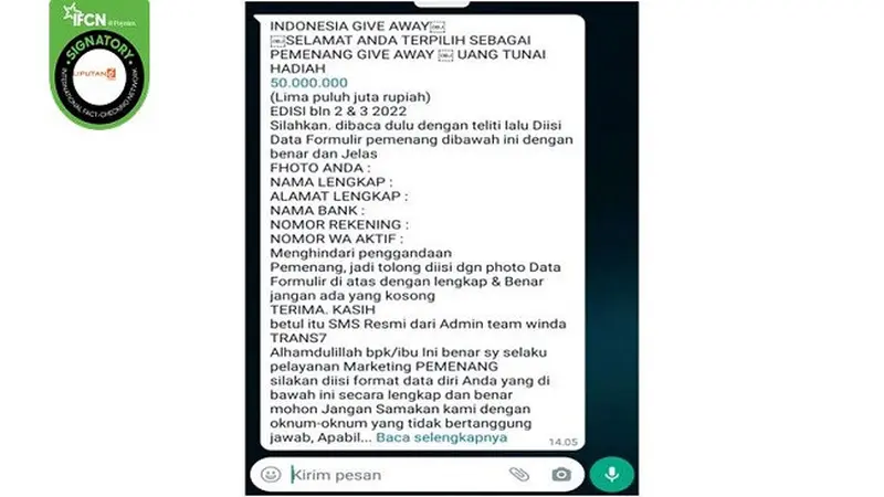 Gambar Tangkapan Layar Pesan Berantai Bagi-Bagi Uang Rp 50 Juta Mencatut Indonesia Give Away Trans7 (sumber: WhatsApp).