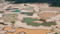 Pandangan udara kawasan Hutan Amazon yang terdeforestasi (penurunan luas area hutan secara kualitas dan kuantitas) di wilayah Sungai Madre de Dios, Peru, Jumat (17/5/2019). Pemerintah Peru mengerahkan tentara dan polisi untuk mengusir penambang ilegal di Hutan Amazon. (CRIS BOURONCLE/AFP)