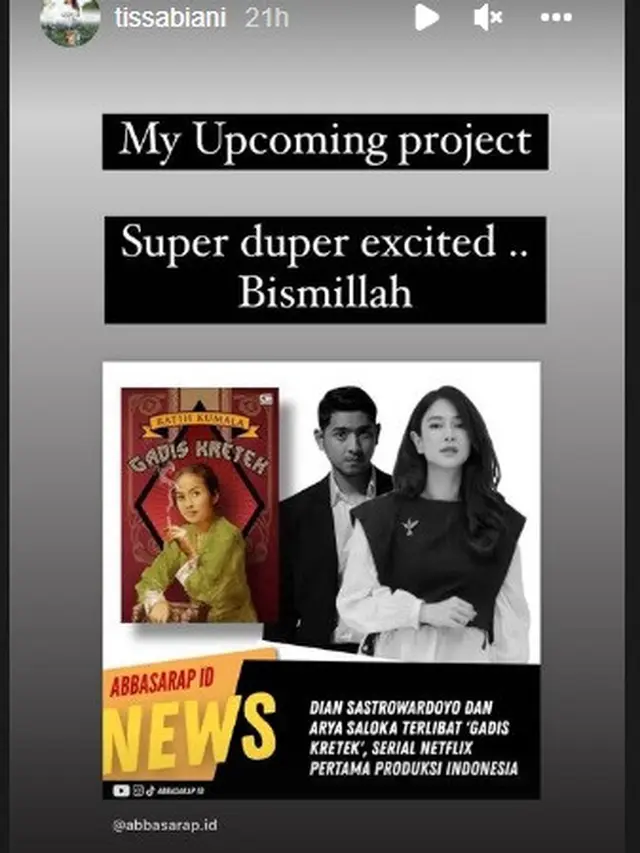 Tissa Biani memastikan terlibat dalam serial Gadis Kretek (Foto: Instagram @tissabiani)