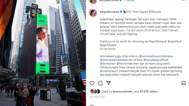 Wajah Keisya Levronka mejeng di Times Square New York (https://www.instagram.com/p/ClBFNFSLfDj/)