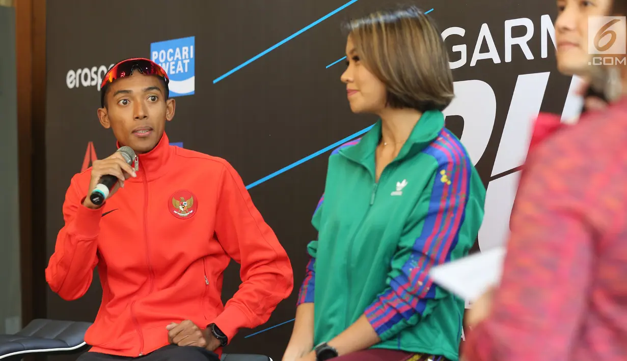 Atlet Indonesia Agus Prayogo memberi keterangan pers menjelang Garmin Run Indonesia 2019 di Jakarta, Kamis (8/8/2019). Garmin Run Indonesia 2019 merupakan kompetisi lari Garmin dengan jarak 10KM dan 5KM akan memperebutkan total hadiah senilai ratusan juta rupiah. (Liputan6.com/Fery Pradolo)