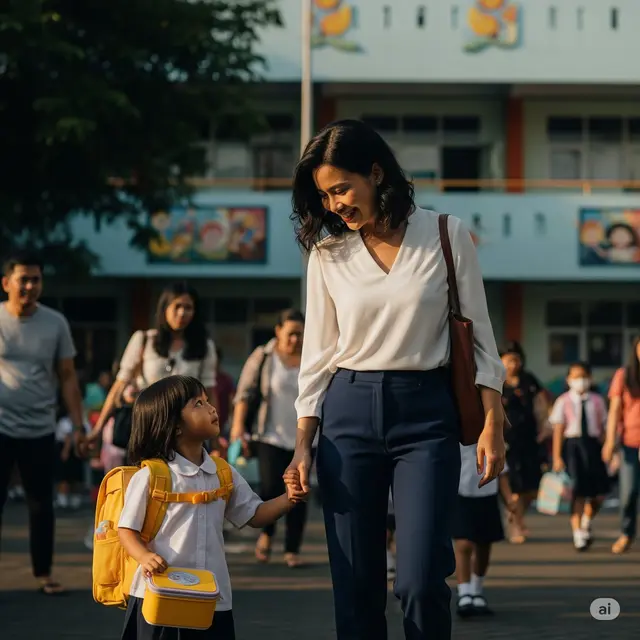 Outfit Ibu Antar Anak Sekolah. Foto: Gemini