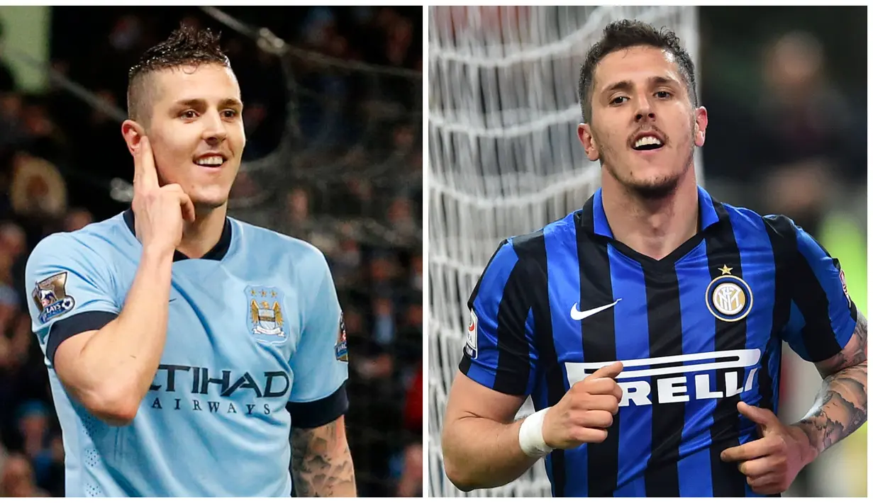 Foto kolase saat Stevan Jovetic (kiri) membela Manchester City dalam pertandingan Liga Inggris pada 1 Januari 2015 dan Jovetic (kanan) saat membela Inter Milan dalam pertandingan Liga Italia pada 23 April 2016. (AFP/Lindsey Parnaby, Guiseppe Cacace)