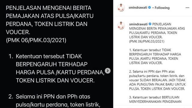 Instagram Menteri Keuangan Sri Mulyani Indrawati yang menjelaskan soal pemungutan pajak atas pulsa, kartu perdana, token listrik dan voucher.