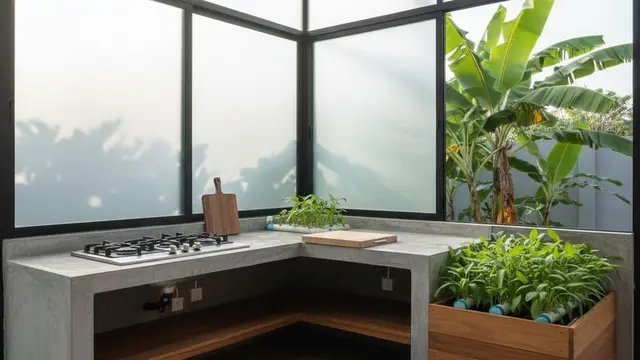 Inspirasi Desain Dapur Semi Terbuka Menyatu dengan Kebun Sayur Mini. AI
