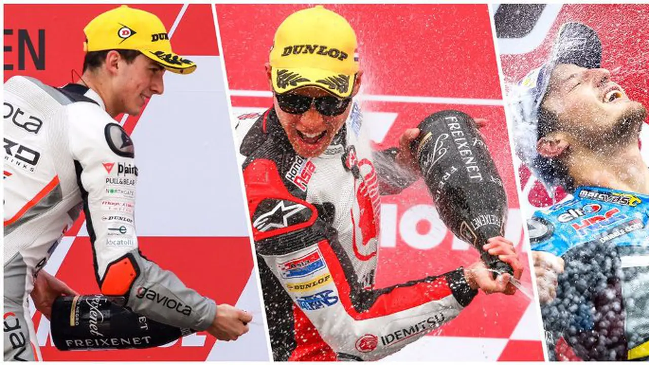 Francesco Bagnaia (kiri), Takaaki Nakagami (tengah), dan Jack Miller.