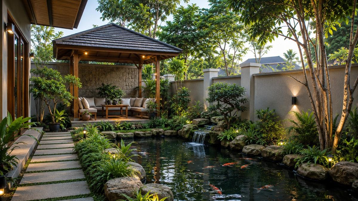 8 Desain Sudut Rumah yang Menggabungkan Kolam Ikan, Taman, dan Gazebo Kecil