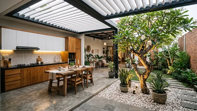 Desain Dapur Terbuka dengan Taman Kering Anti Ribet
