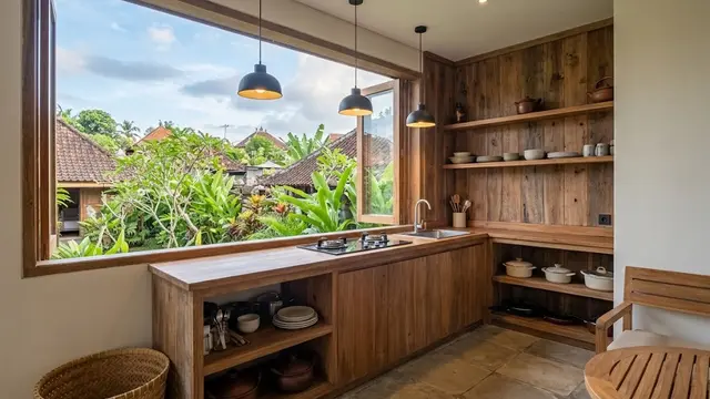 Dapur Kayu Semi Outdoor dengan Sentuhan Modern