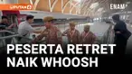 Rombongan kepala daerah dari berbagai wilayah di Indonesia tiba di Stasiun Tegalluar, Kabupaten Bandung, Minggu (22/6/2025), menggunakan Kereta Cepat Whoosh. Mereka akan mengikuti kegiatan retret nasional yang diselenggarakan oleh Kementerian Dalam N...