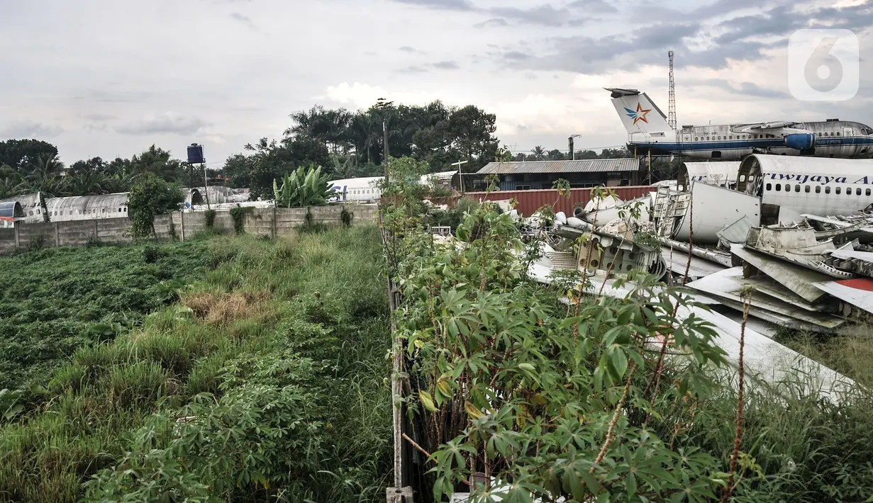 Kondisi gudang pesawat yang bersebelahan dengan kebun warga di Desa Pondok Udik, Bogor, Minggu (9/1/2022). Sebelumnya 'kuburan' pesawat tersebut menjadi pemandangan unik bak sebuah bandara karena lokasi yang tepat berada di pinggir Jalan Raya Parung-Bogor. (merdeka.com/Iqbal S Nugroho)