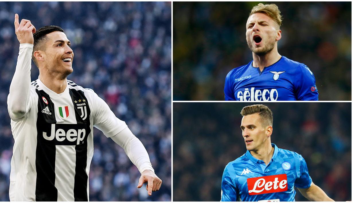 Striker Juventus, Cristiano Ronaldo, berhasil memuncaki daftar pencetak gol terbanyak sementara dengan torehan 14 gol. Berikut daftar top scorer sementara Serie A pekan ke 19. (Foto Kolase AP dan AFP)