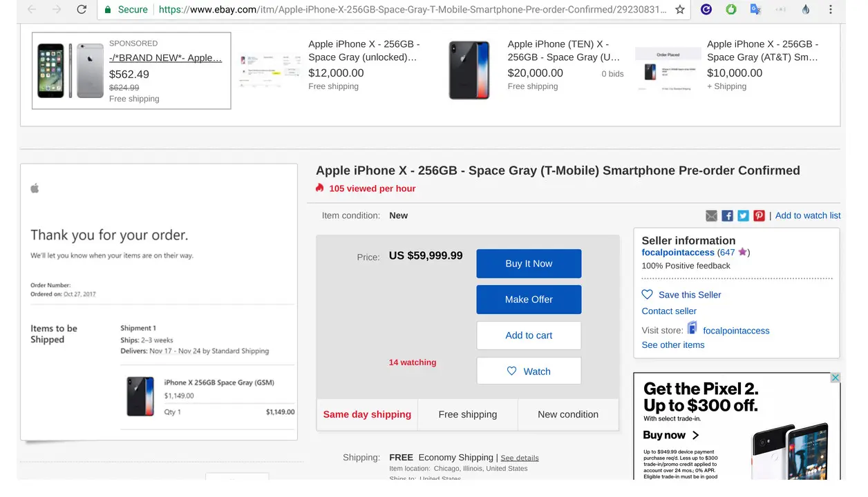	Screenshot laman e-Bay berisi iPhone X yang dibanderol dengan harga mencapai Rp 810 jutaan (Sumber: Mashable)