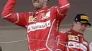 Ekspresi Sebastian Vettel usai menjuarai balapan F1 GP Monako mengalahkan Kimi Raikkonen di Monte-Carlo, (28/5/2017). (AP/Claude Paris)