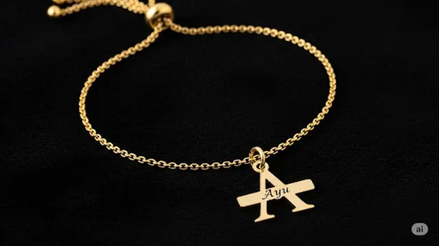 Gelang Rantai Emas Serut dengan Bandul Inisial Ukiran Nama
