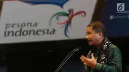 Menteri Pariwisata Arief Yahya memberikan sambutan pada acara jelang Tour de Flores 2017 di Jakarta, Rabu (5/7). Tour de Flores 2017 itu dihelat mulai 14-19 Juli dengan menempuh jarak total 721,6 km. (Liputan6.com/Angga Yuniar)