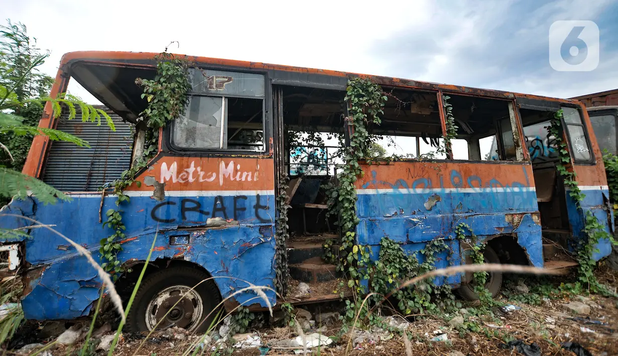 Kondisi Metromini 17 tertutup tumbuhan liar akibat bertahun-tahun dikandangkan di Pool Rawa Buaya, Kamis (14/11/2019). Sejak 2016, telah ratusan unit bangkai Metromini yang dijual ke pengusaha pemotongan besi dengan harga paling mahal Rp 12 juta per unit. (merdeka.com/Iqbal Nugroho)
