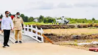 Presiden Joko Widodo dan Menhan Prabowo Subianto meninjau lahan yang akan dijadikan atau lumbung pangan baru di Pulang Pisau, Kalimantan Tengah, Kamis (9/7/2020). Pemerintah menyiapkan lumbung pangan nasional untuk mengantisipasi krisis pangan dunia. (Foto:Biro Pers Sekretariat Presiden)