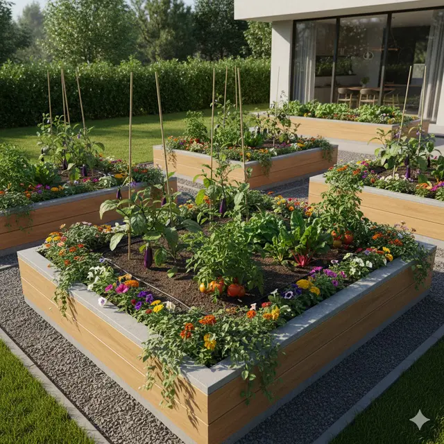 Kebun Rumah Campuran Tanaman Hias dan Sayur/Raised Bed Modern (Foto: AI)